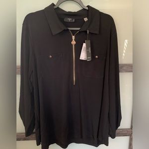 🎆Sold TAHARI🎆 long sleeve black top with gold accents & 1/2 zipper, Sz2X